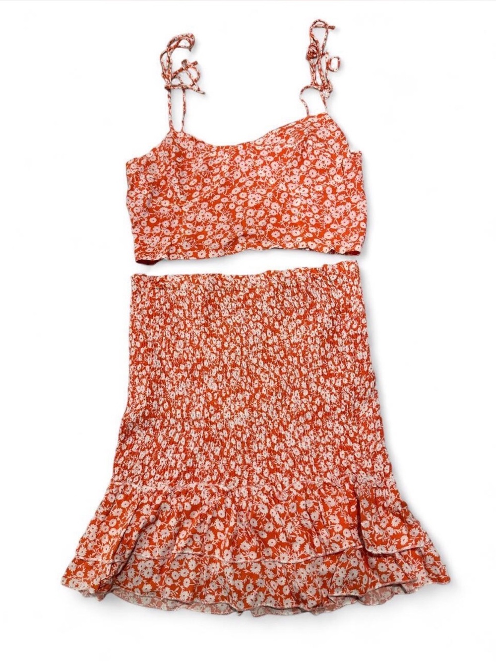 Lost + Wander Orange Floral Tie-Strap Crop Top & Skirt Set